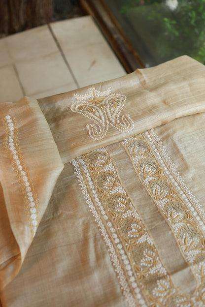 Natural Beige Moonga Silk Chikankari Men’s Kurta Fabric