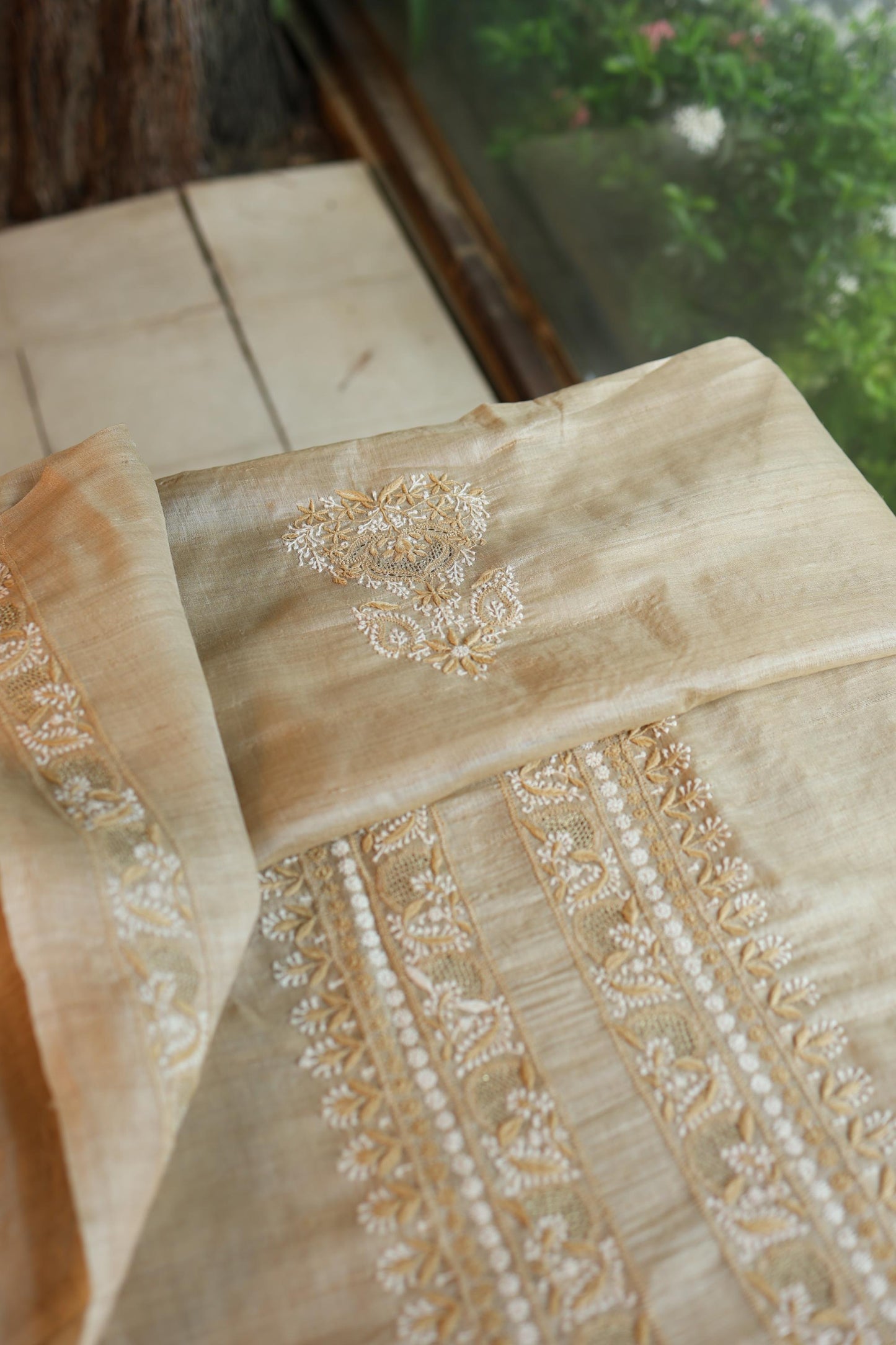 Natural Beige Moonga Silk Chikankari Men’s Kurta Fabric