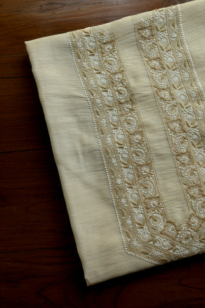 Natural Beige Moonga Silk Chikankari Men’s Kurta Fabric