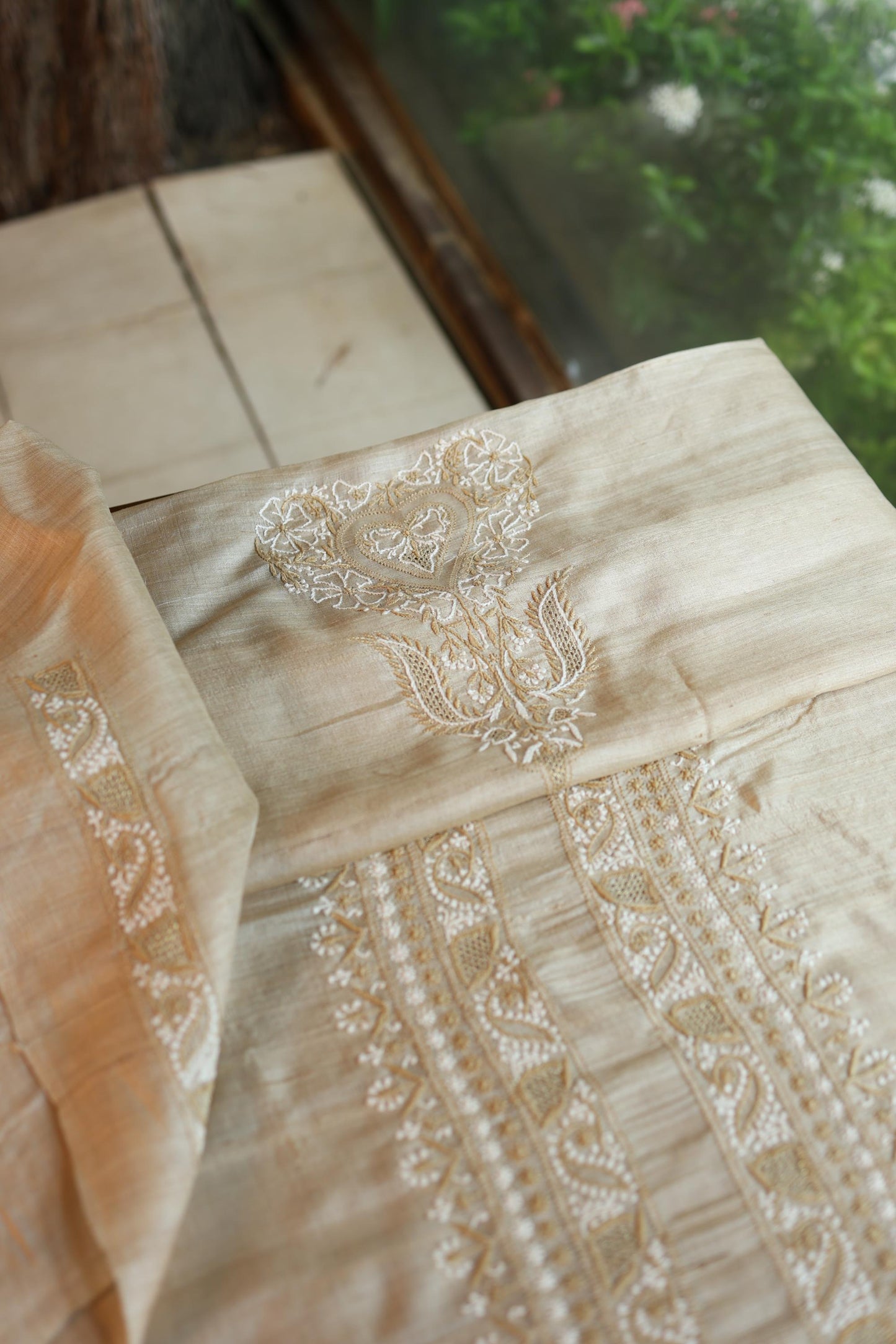Natural Beige Moonga Silk Chikankari Men’s Kurta Fabric