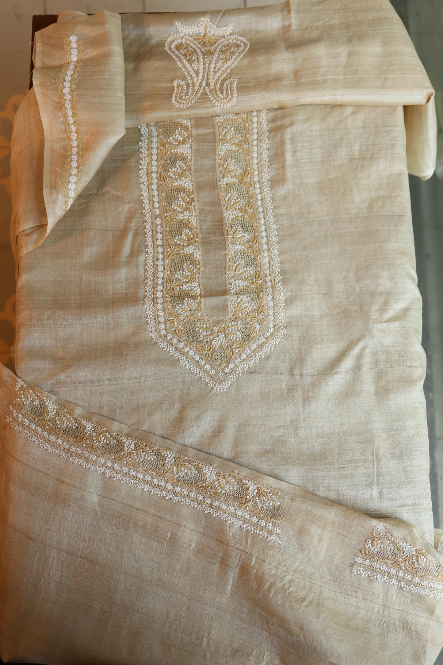 Natural Beige Moonga Silk Chikankari Men’s Kurta Fabric