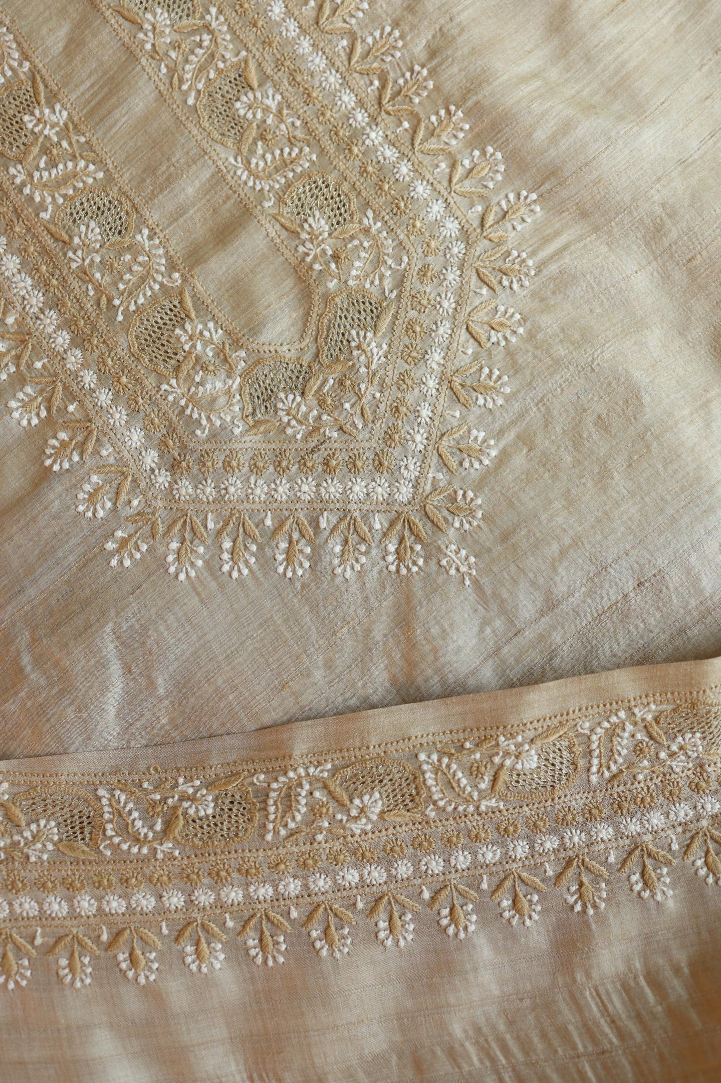 Natural Beige Moonga Silk Chikankari Men’s Kurta Fabric