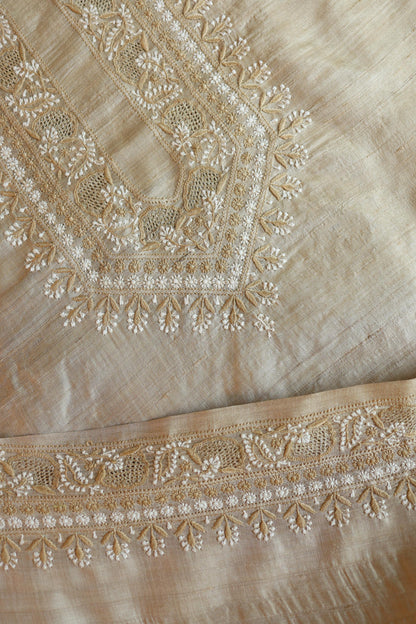 Natural Beige Moonga Silk Chikankari Men’s Kurta Fabric