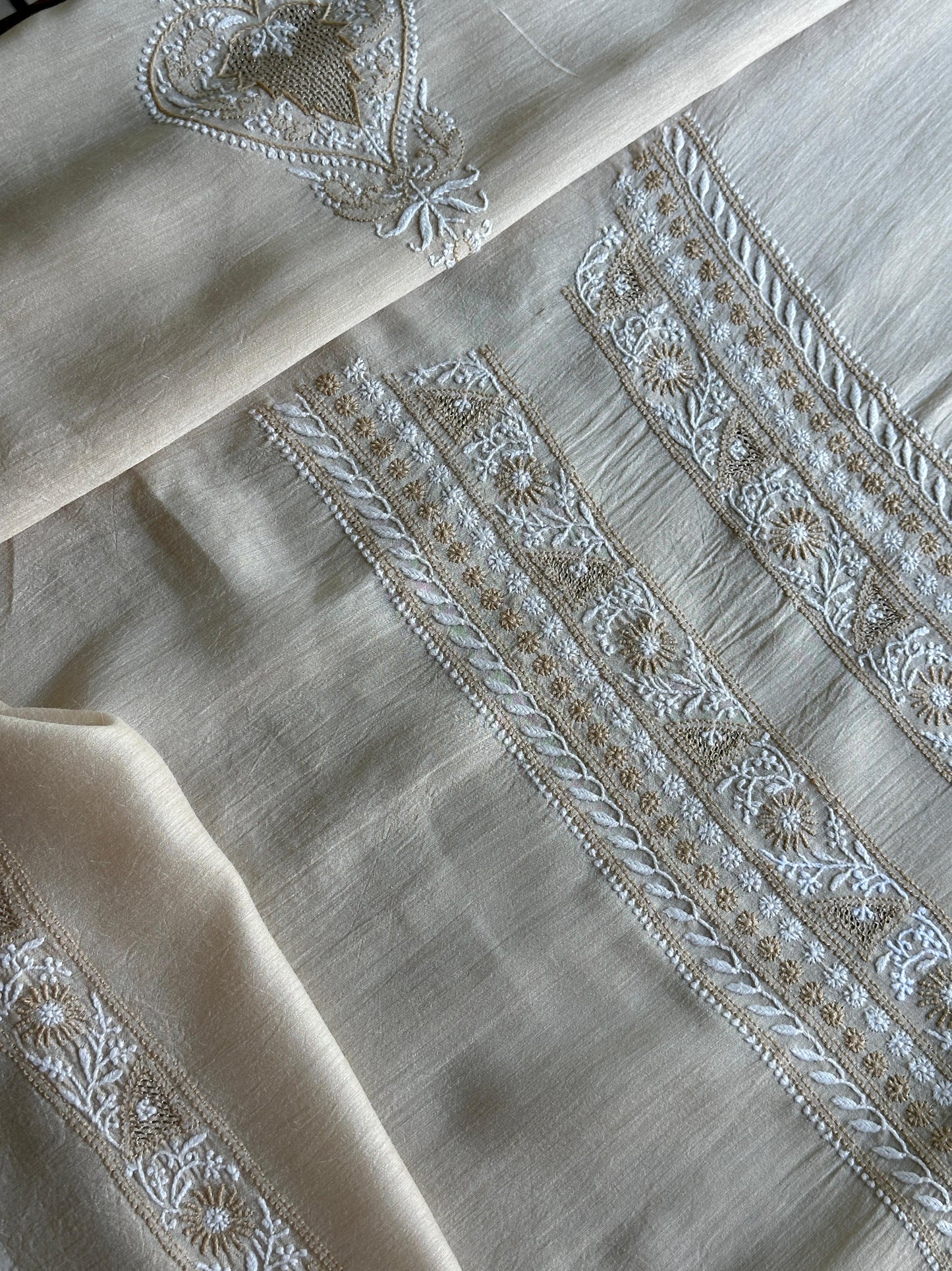 Natural Beige Moonga Silk Chikankari Men’s Kurta Fabric