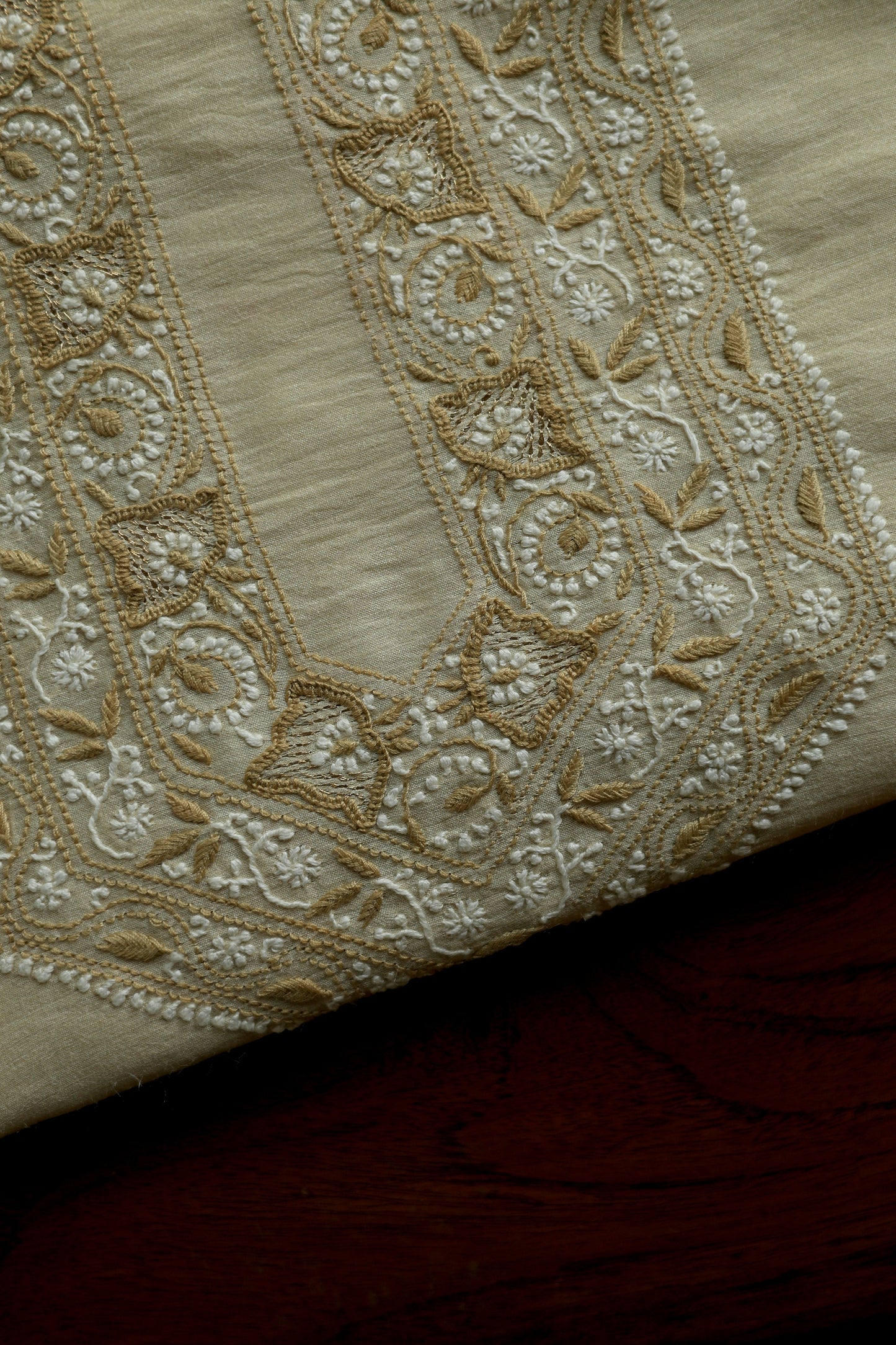 Natural Beige Moonga Silk Chikankari Men’s Kurta Fabric