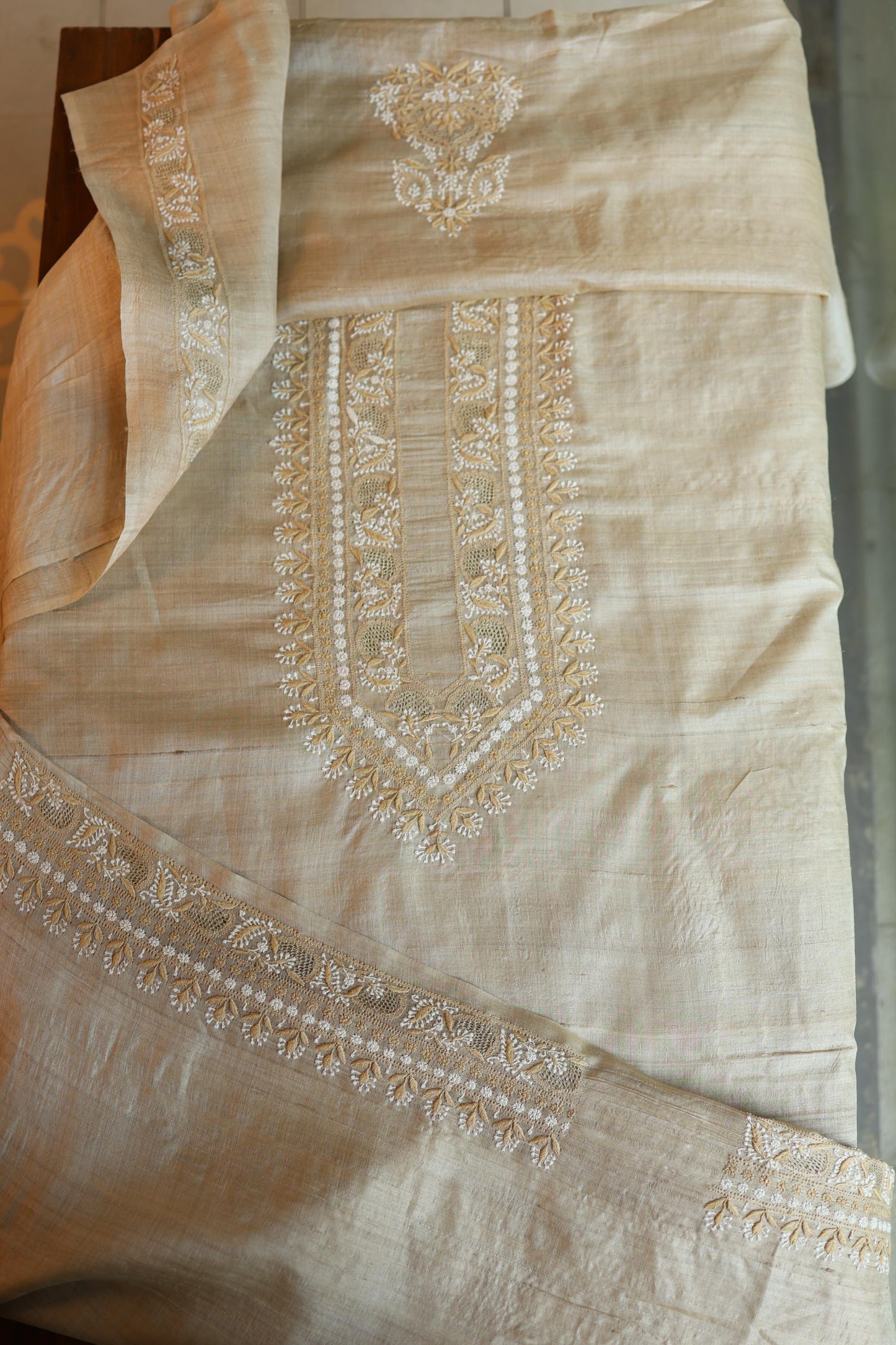 Natural Beige Moonga Silk Chikankari Men’s Kurta Fabric
