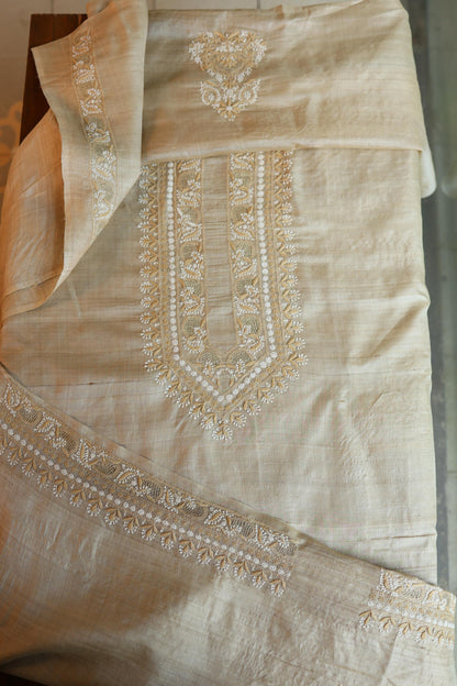Natural Beige Moonga Silk Chikankari Men’s Kurta Fabric