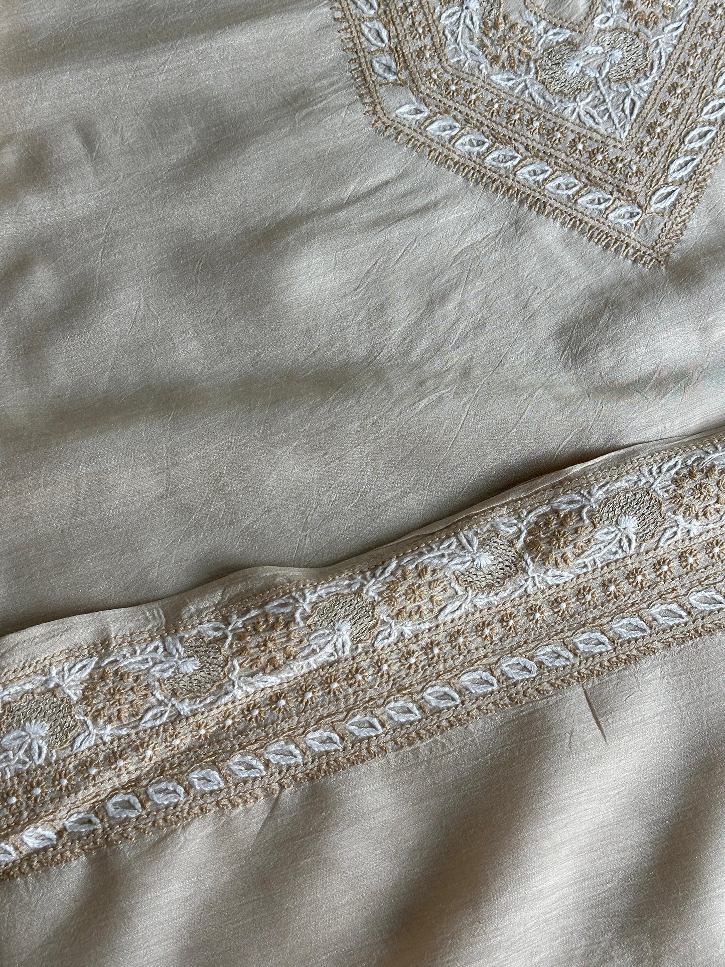 Natural Beige Moonga Silk Chikankari Men’s Kurta Fabric