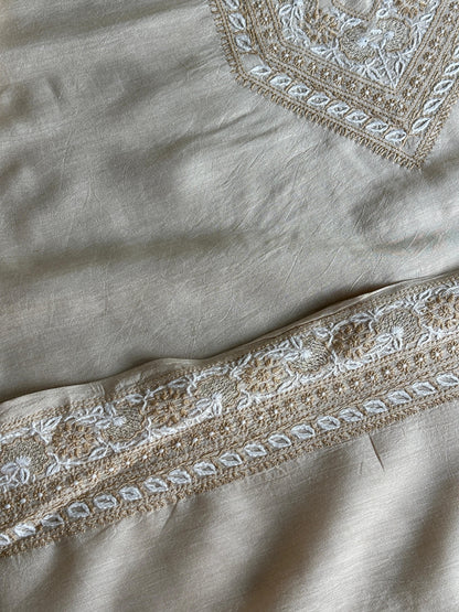 Natural Beige Moonga Silk Chikankari Men’s Kurta Fabric
