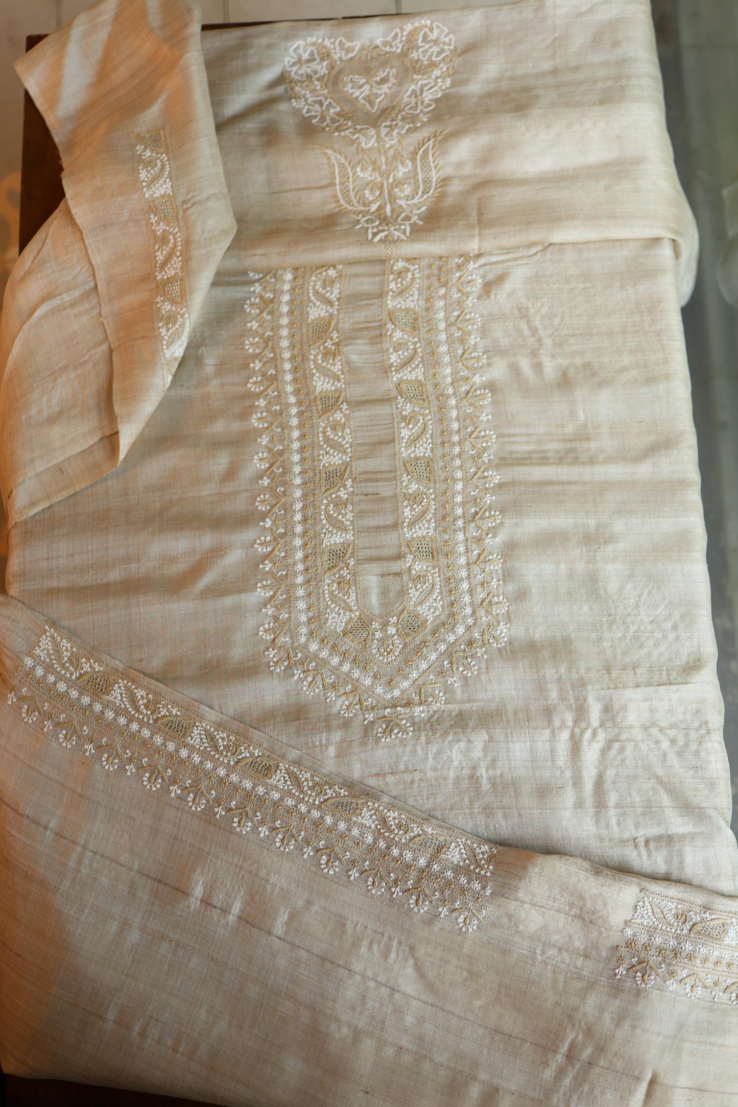 Natural Beige Moonga Silk Chikankari Men’s Kurta Fabric