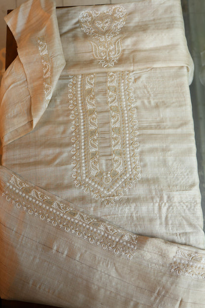 Natural Beige Moonga Silk Chikankari Men’s Kurta Fabric