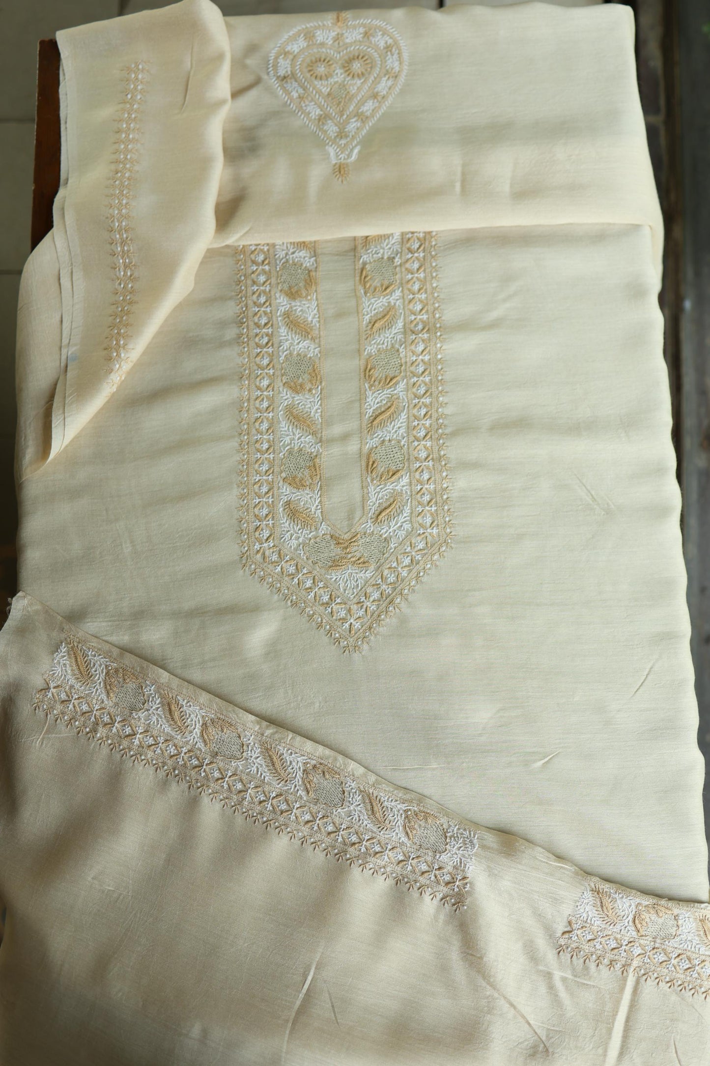 Natural Beige Moonga Silk Chikankari Men’s Kurta Fabric