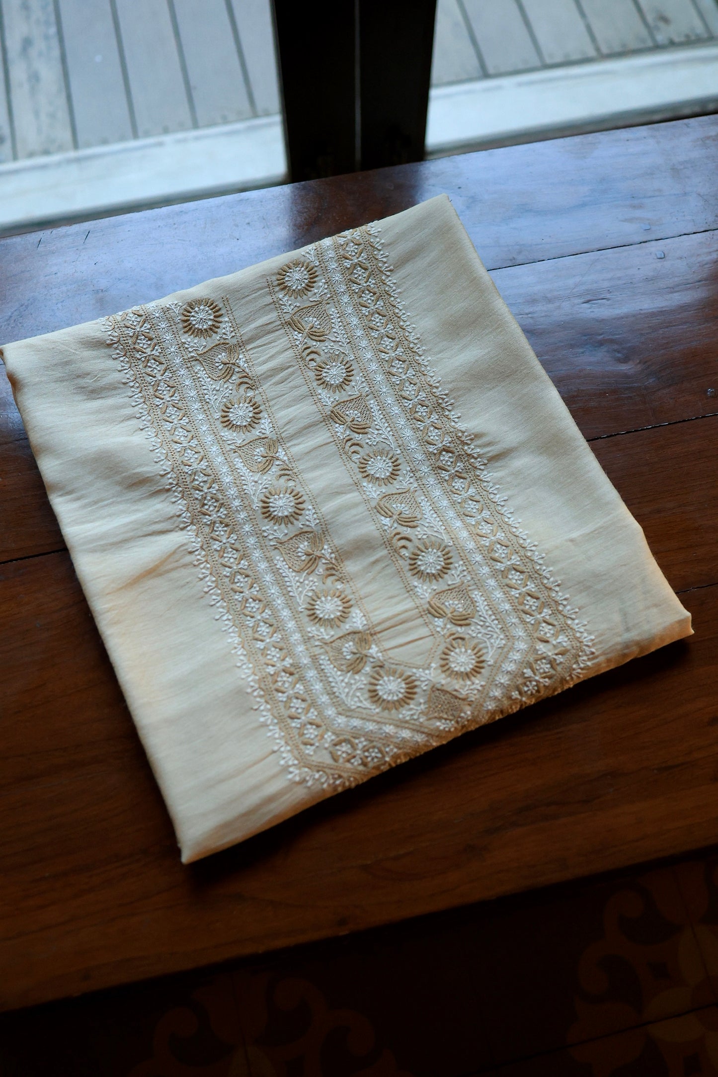 Natural Beige Moonga Silk Chikankari Men’s Kurta Fabric