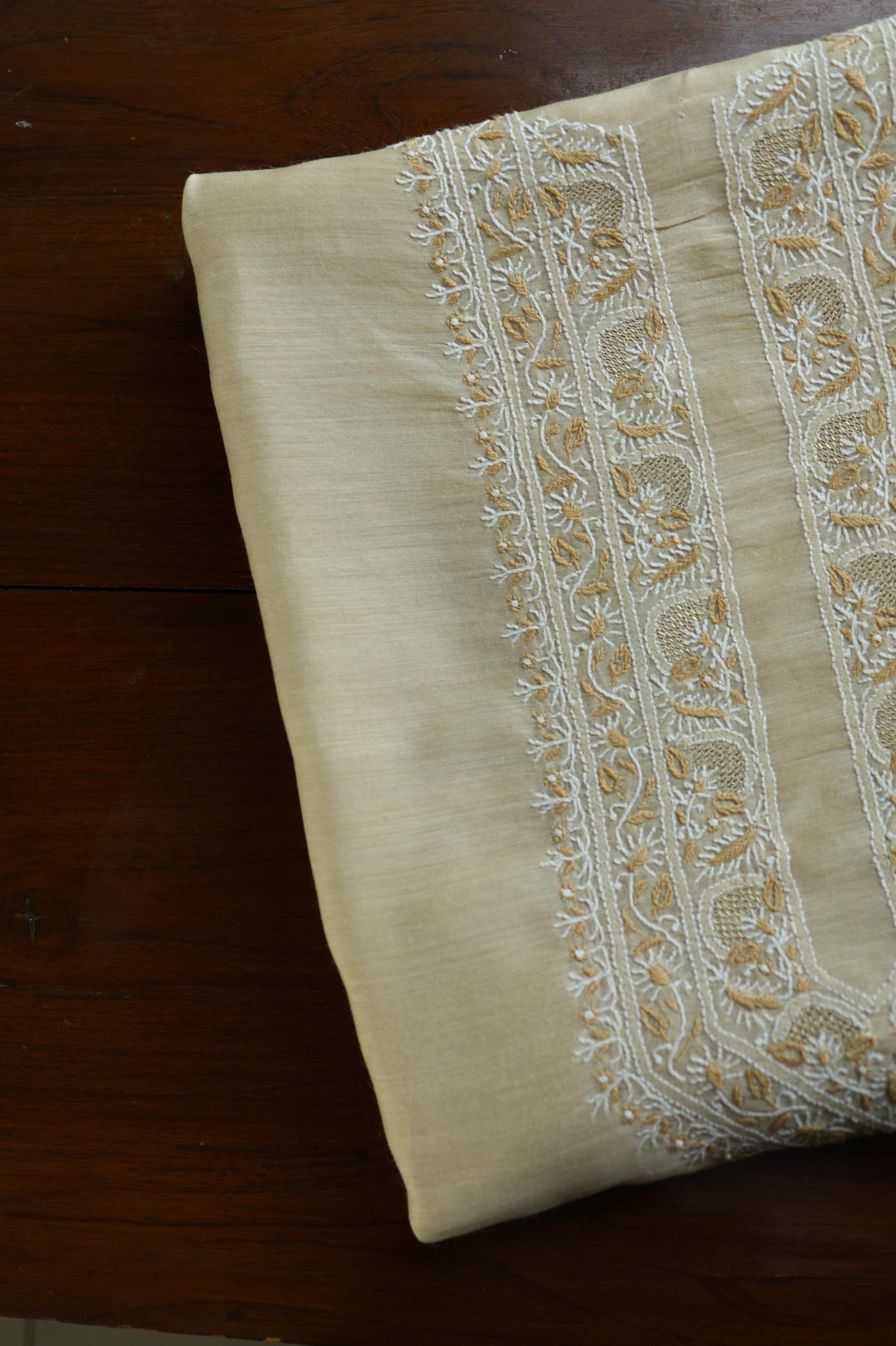 Natural Beige Moonga Silk Chikankari Men’s Kurta Fabric