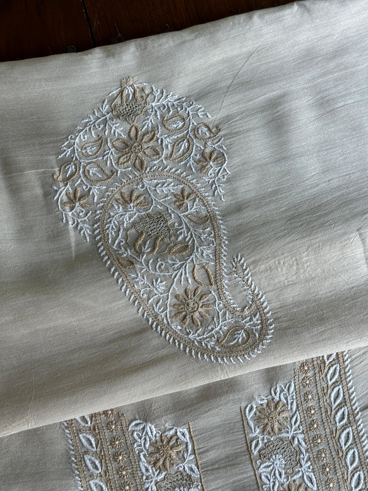 Natural Beige Moonga Silk Chikankari Men’s Kurta Fabric