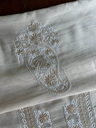 Natural Beige Moonga Silk Chikankari Men’s Kurta Fabric