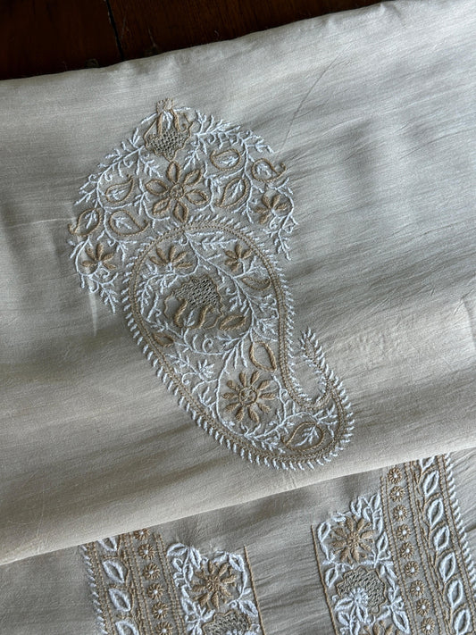 Natural Beige Moonga Silk Chikankari Men’s Kurta Fabric