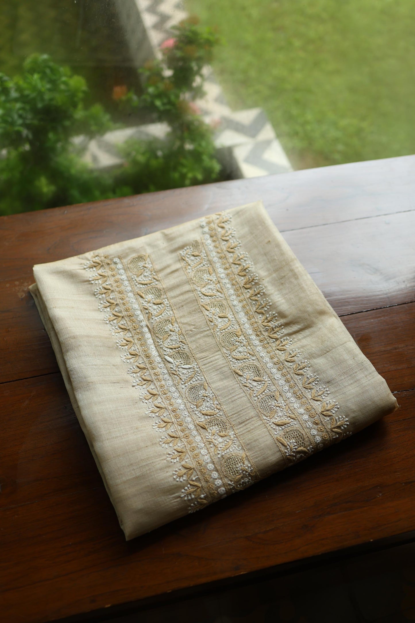 Natural Beige Moonga Silk Chikankari Men’s Kurta Fabric