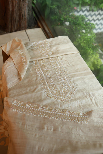 Natural Beige Moonga Silk Chikankari Men’s Kurta Fabric