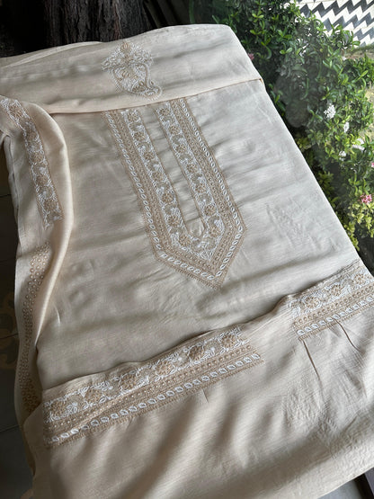 Natural Beige Moonga Silk Chikankari Men’s Kurta Fabric