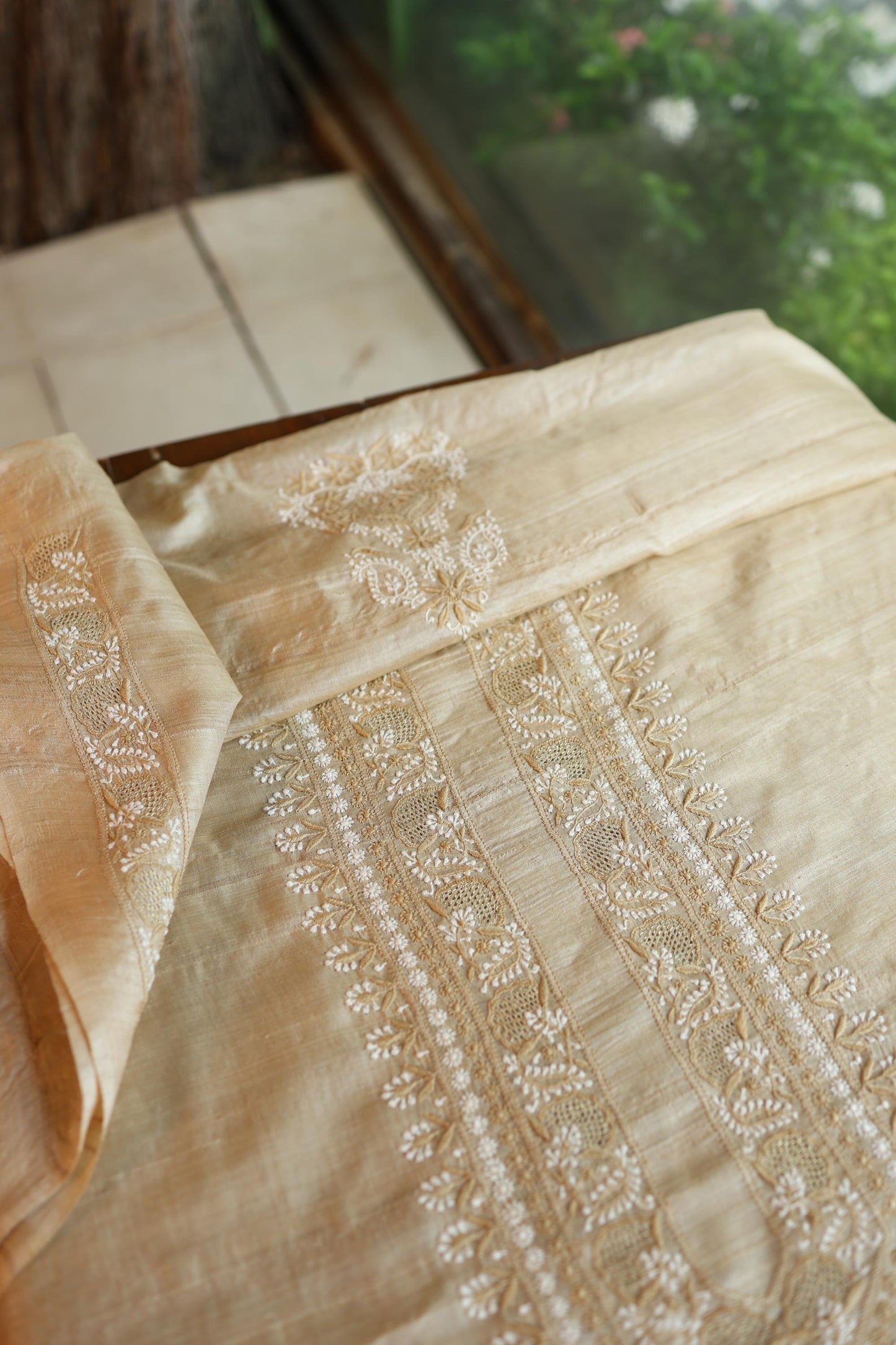 Natural Beige Moonga Silk Chikankari Men’s Kurta Fabric