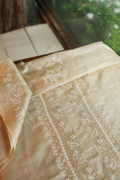 Natural Beige Moonga Silk Chikankari Men’s Kurta Fabric