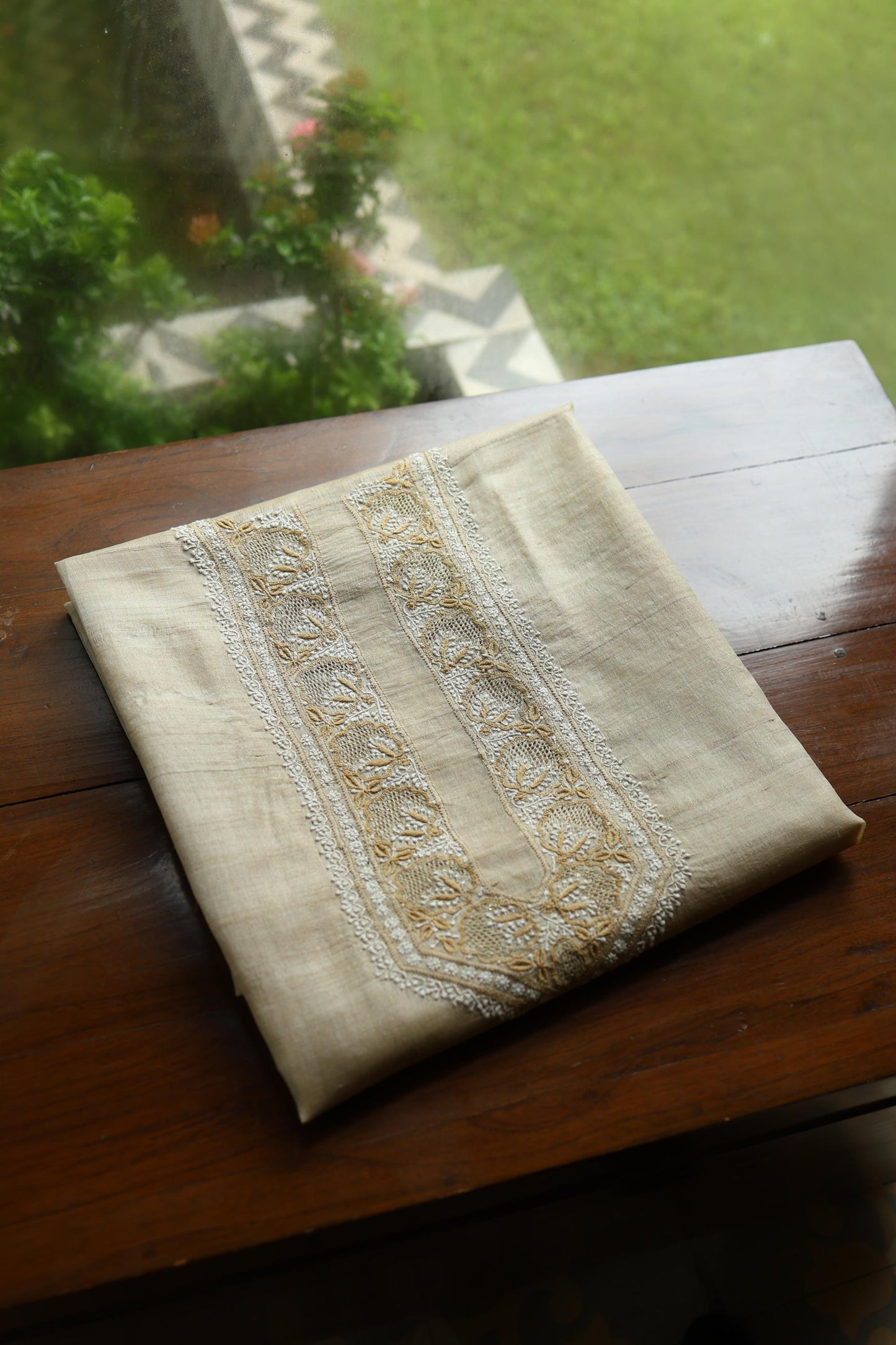 Natural Beige Moonga Silk Chikankari Men’s Kurta Fabric