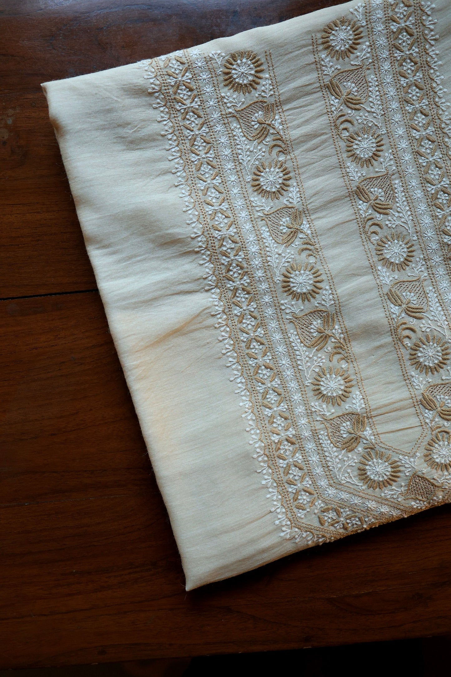 Natural Beige Moonga Silk Chikankari Men’s Kurta Fabric