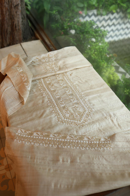 Natural Beige Moonga Silk Chikankari Men’s Kurta Fabric