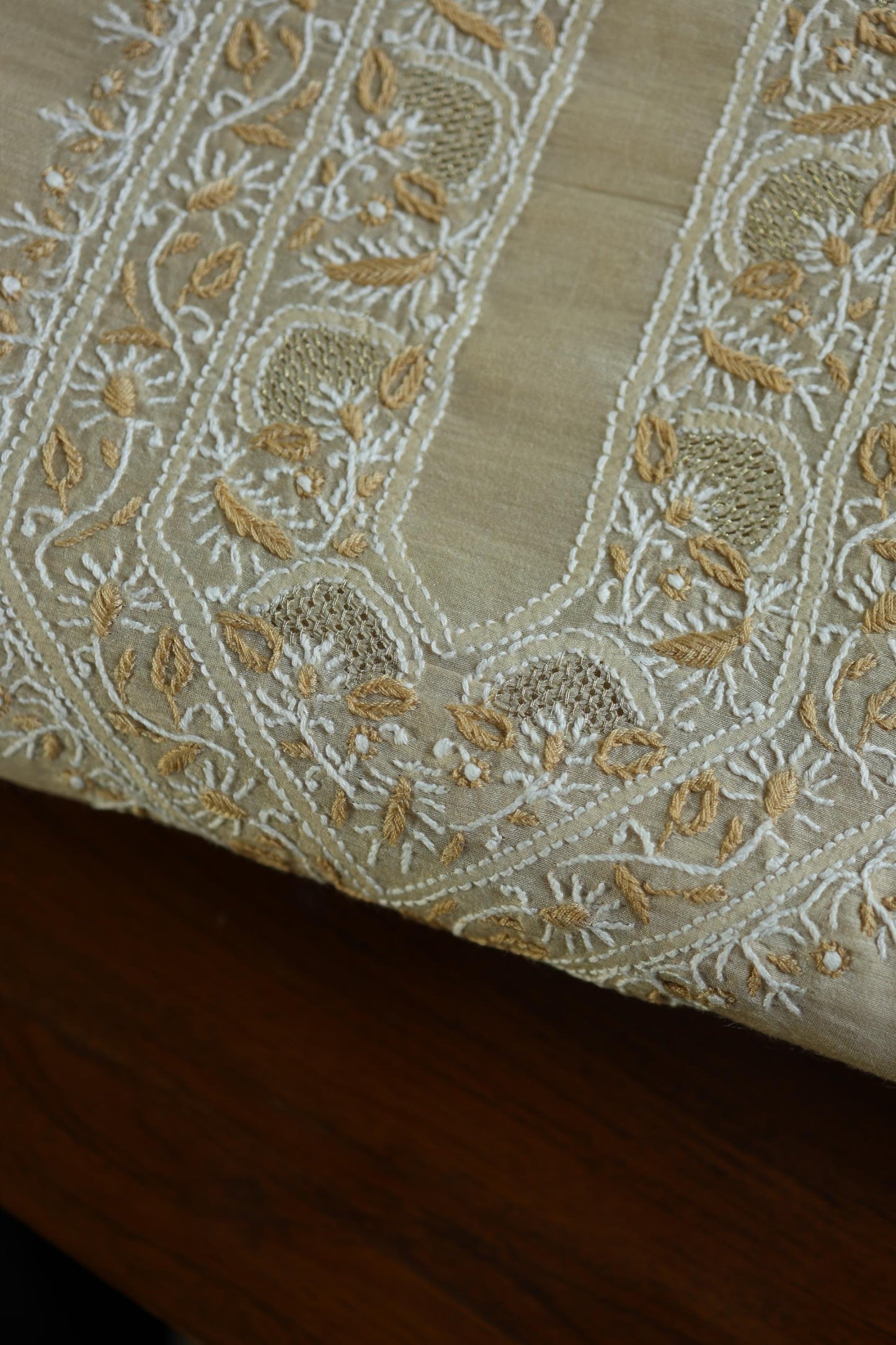Natural Beige Moonga Silk Chikankari Men’s Kurta Fabric
