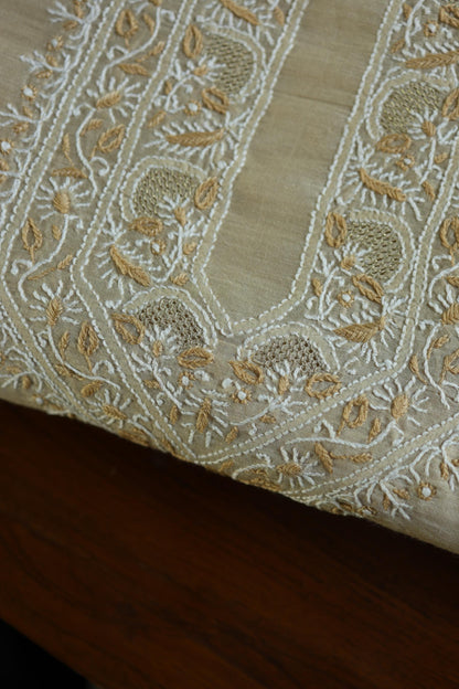 Natural Beige Moonga Silk Chikankari Men’s Kurta Fabric