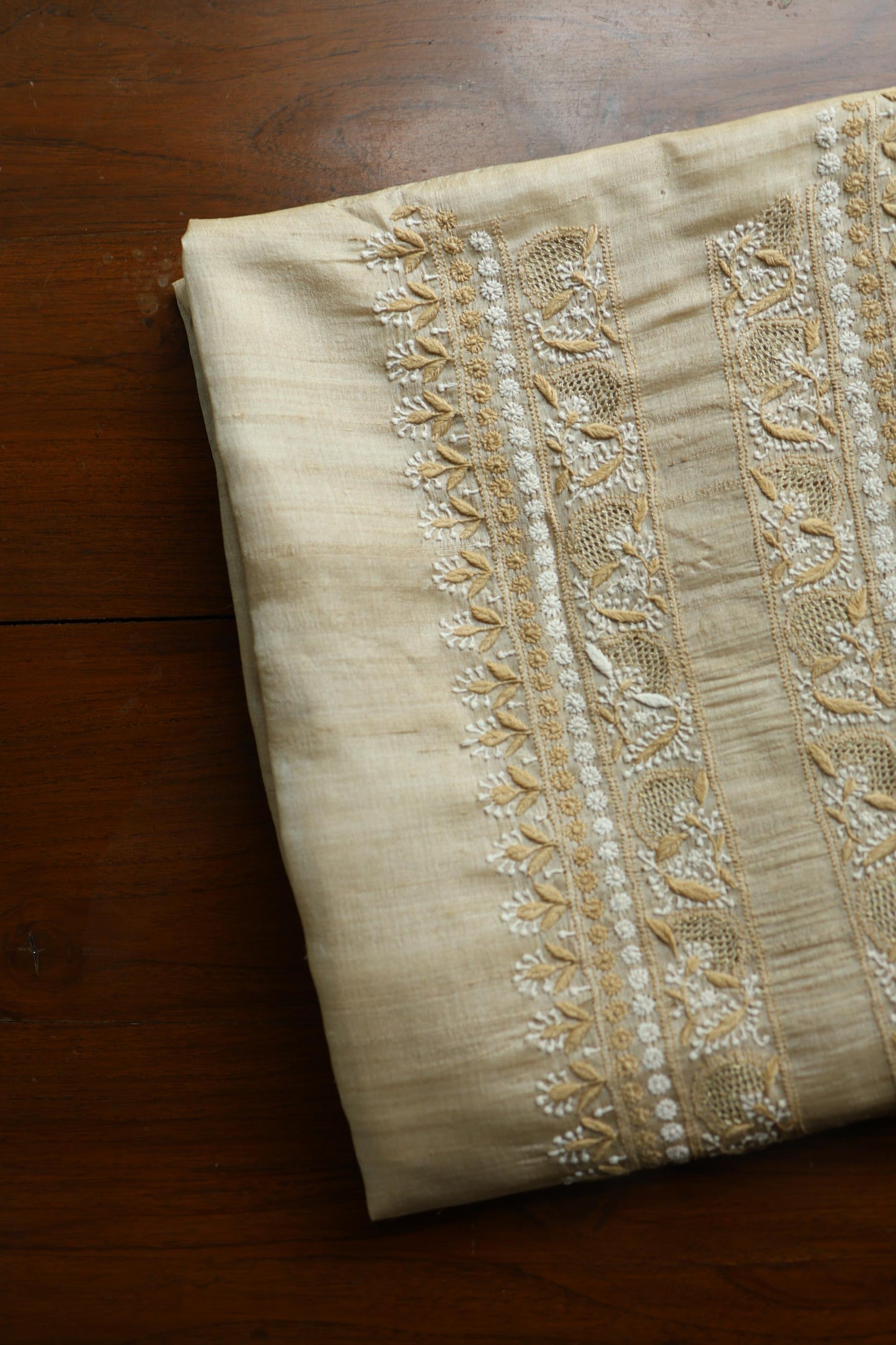 Natural Beige Moonga Silk Chikankari Men’s Kurta Fabric