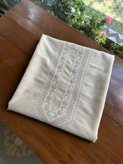 Natural Beige Moonga Silk Chikankari Men’s Kurta Fabric