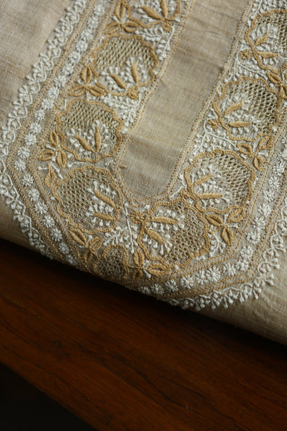 Natural Beige Moonga Silk Chikankari Men’s Kurta Fabric