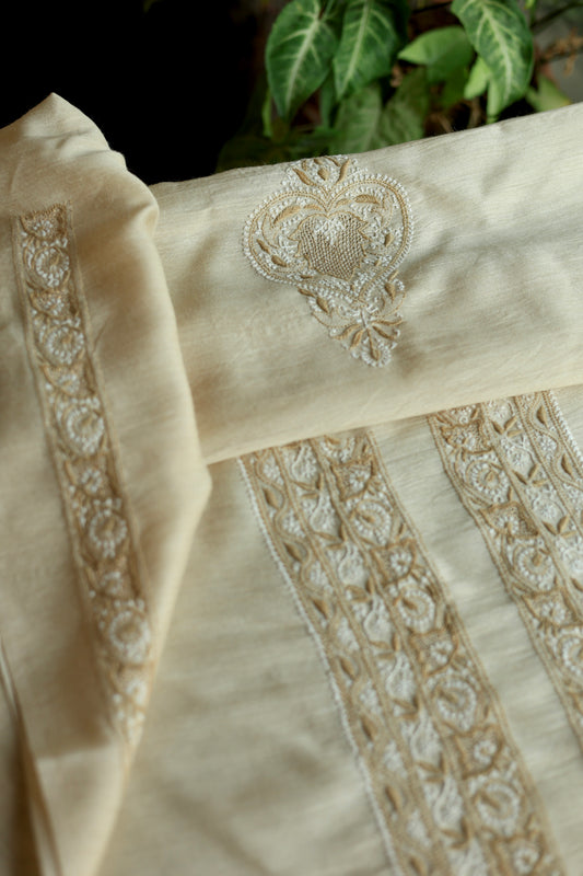 Natural Beige Moonga Silk Chikankari Men’s Kurta Fabric