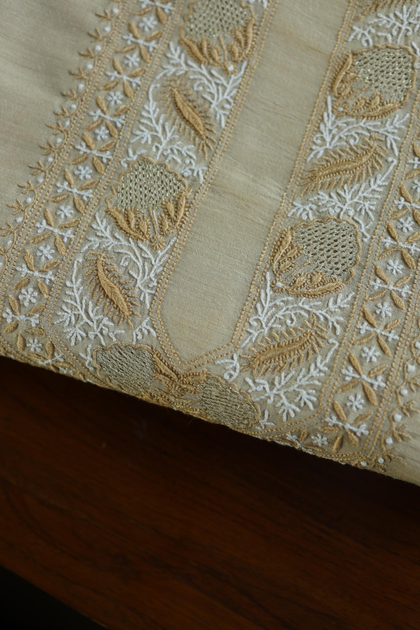 Natural Beige Moonga Silk Chikankari Men’s Kurta Fabric