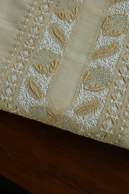 Natural Beige Moonga Silk Chikankari Men’s Kurta Fabric