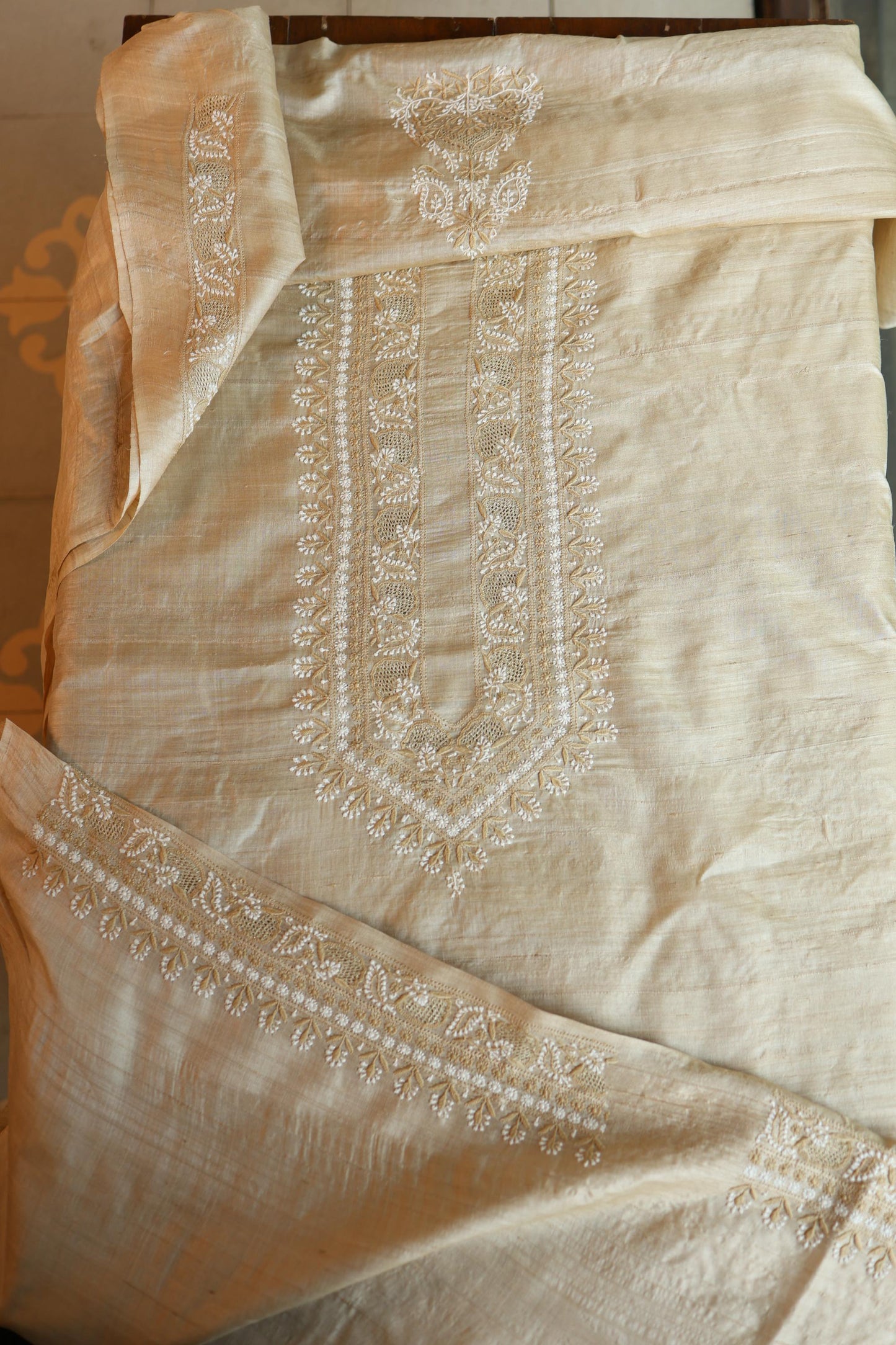 Natural Beige Moonga Silk Chikankari Men’s Kurta Fabric