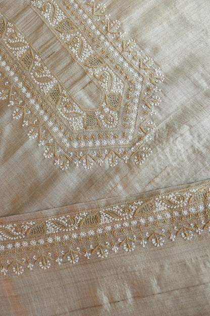 Natural Beige Moonga Silk Chikankari Men’s Kurta Fabric