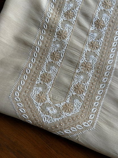 Natural Beige Moonga Silk Chikankari Men’s Kurta Fabric