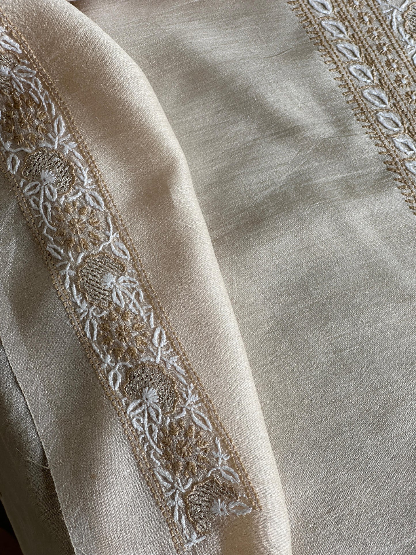 Natural Beige Moonga Silk Chikankari Men’s Kurta Fabric