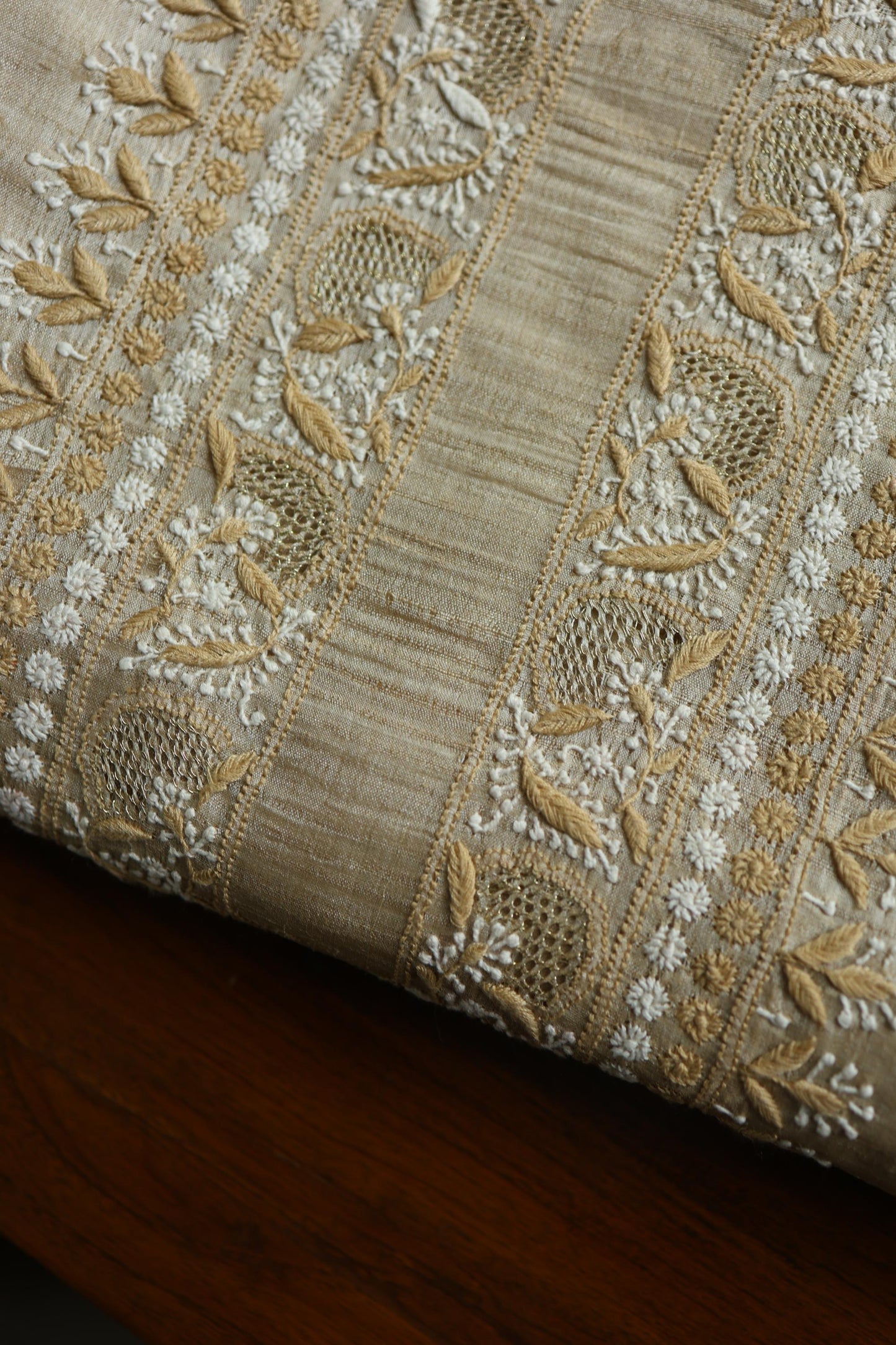 Natural Beige Moonga Silk Chikankari Men’s Kurta Fabric
