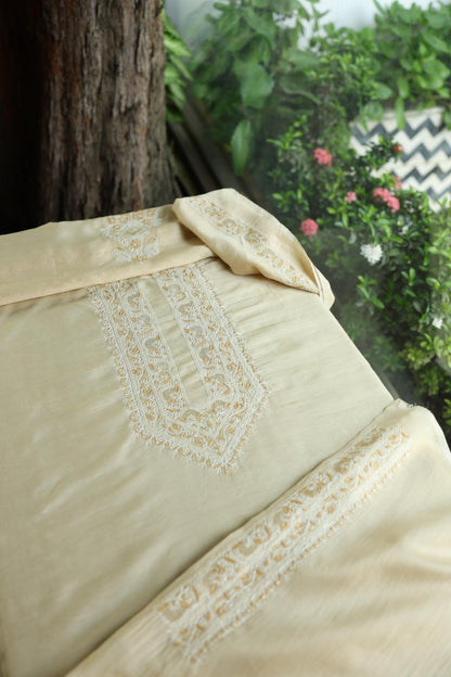 Natural Beige Moonga Silk Chikankari Men’s Kurta Fabric