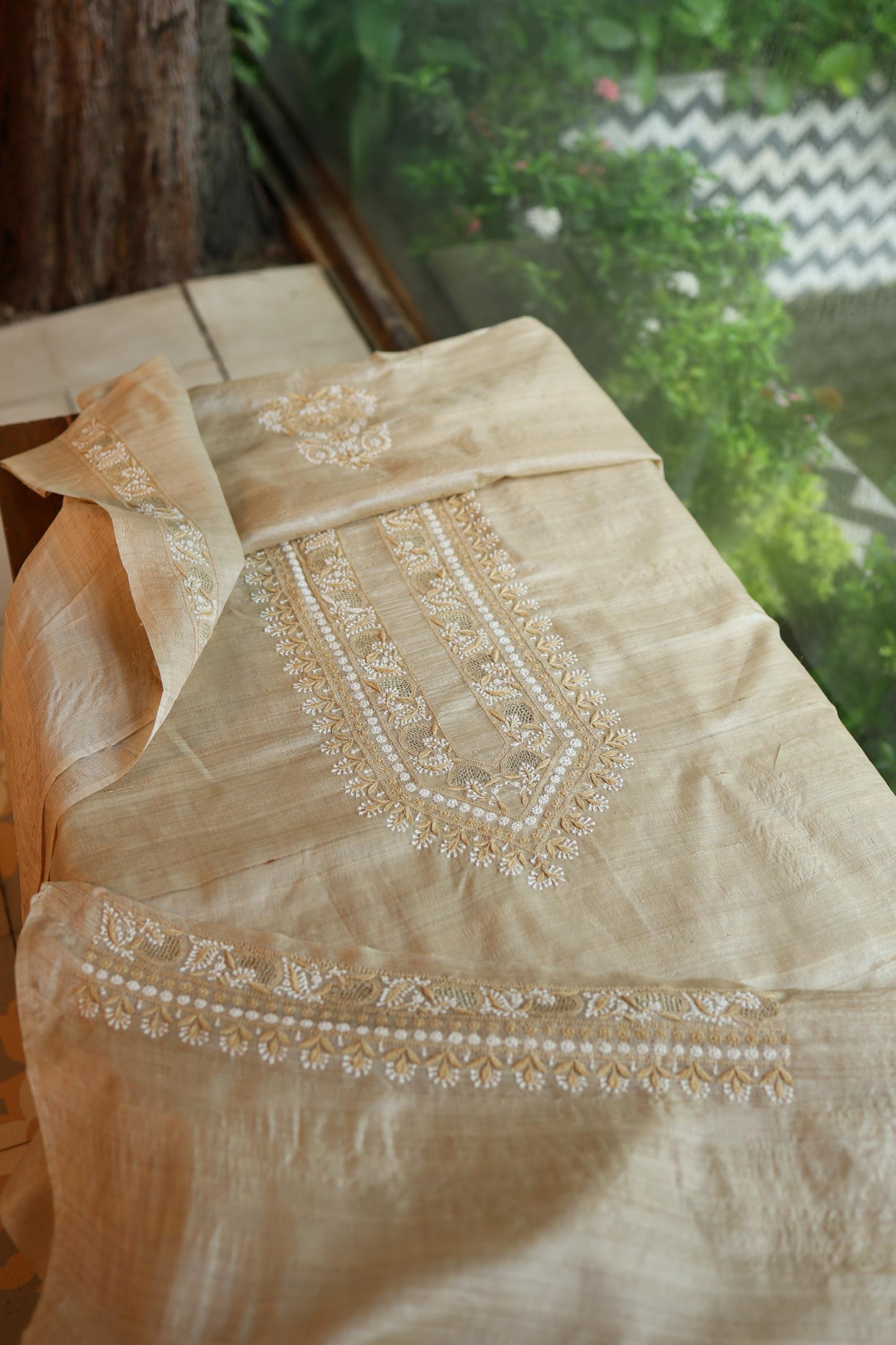 Natural Beige Moonga Silk Chikankari Men’s Kurta Fabric