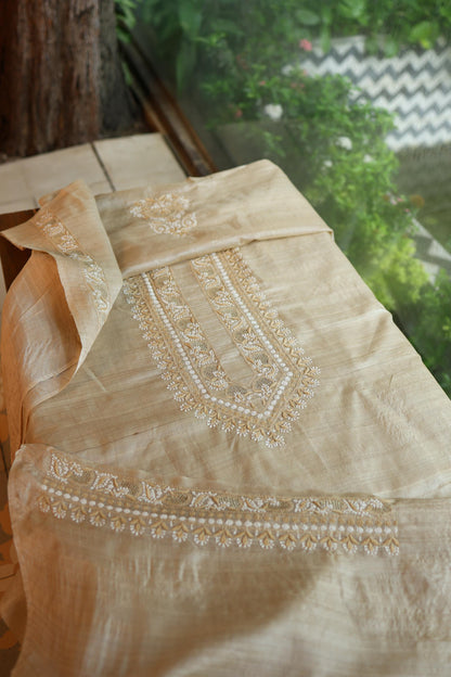 Natural Beige Moonga Silk Chikankari Men’s Kurta Fabric