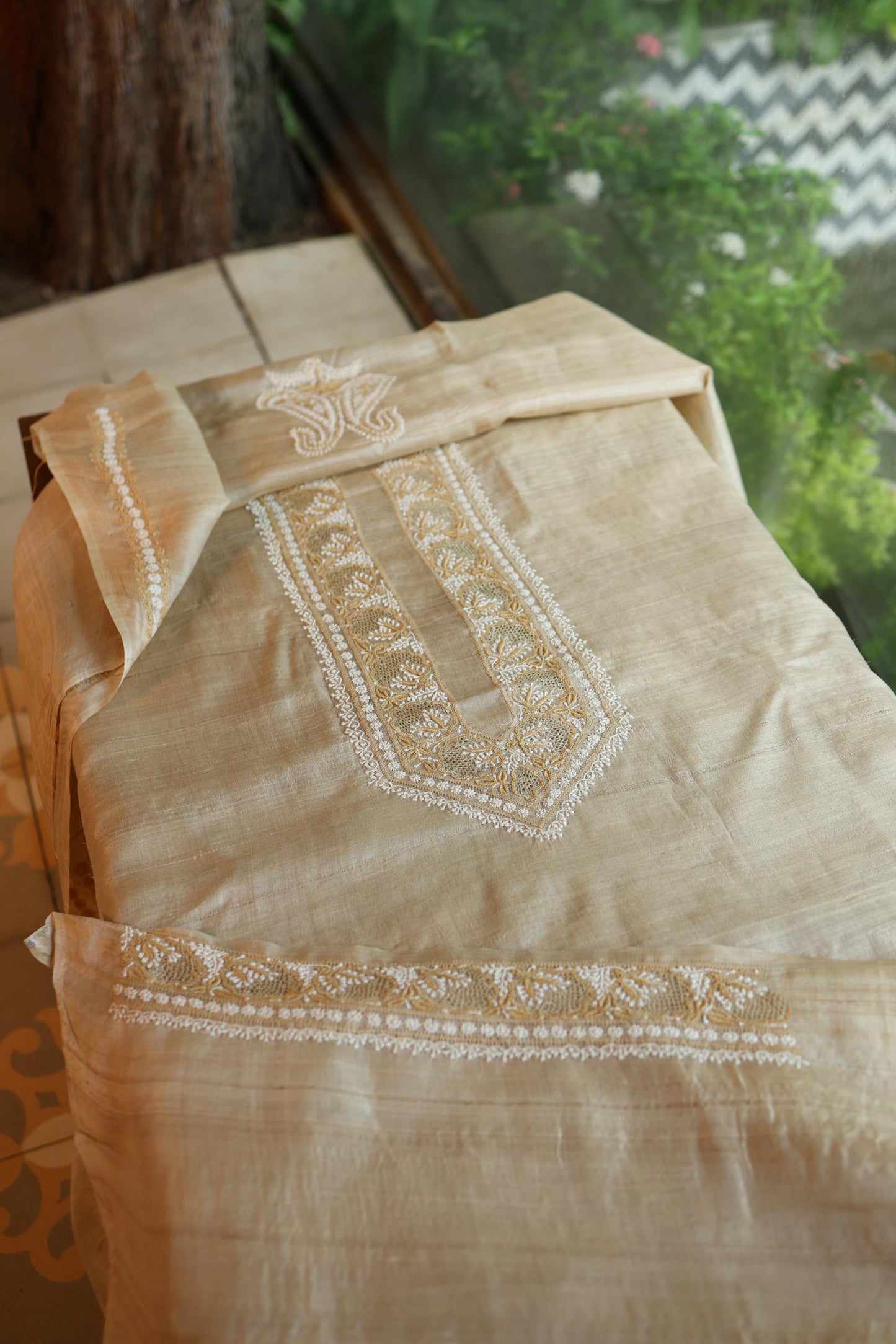 Natural Beige Moonga Silk Chikankari Men’s Kurta Fabric