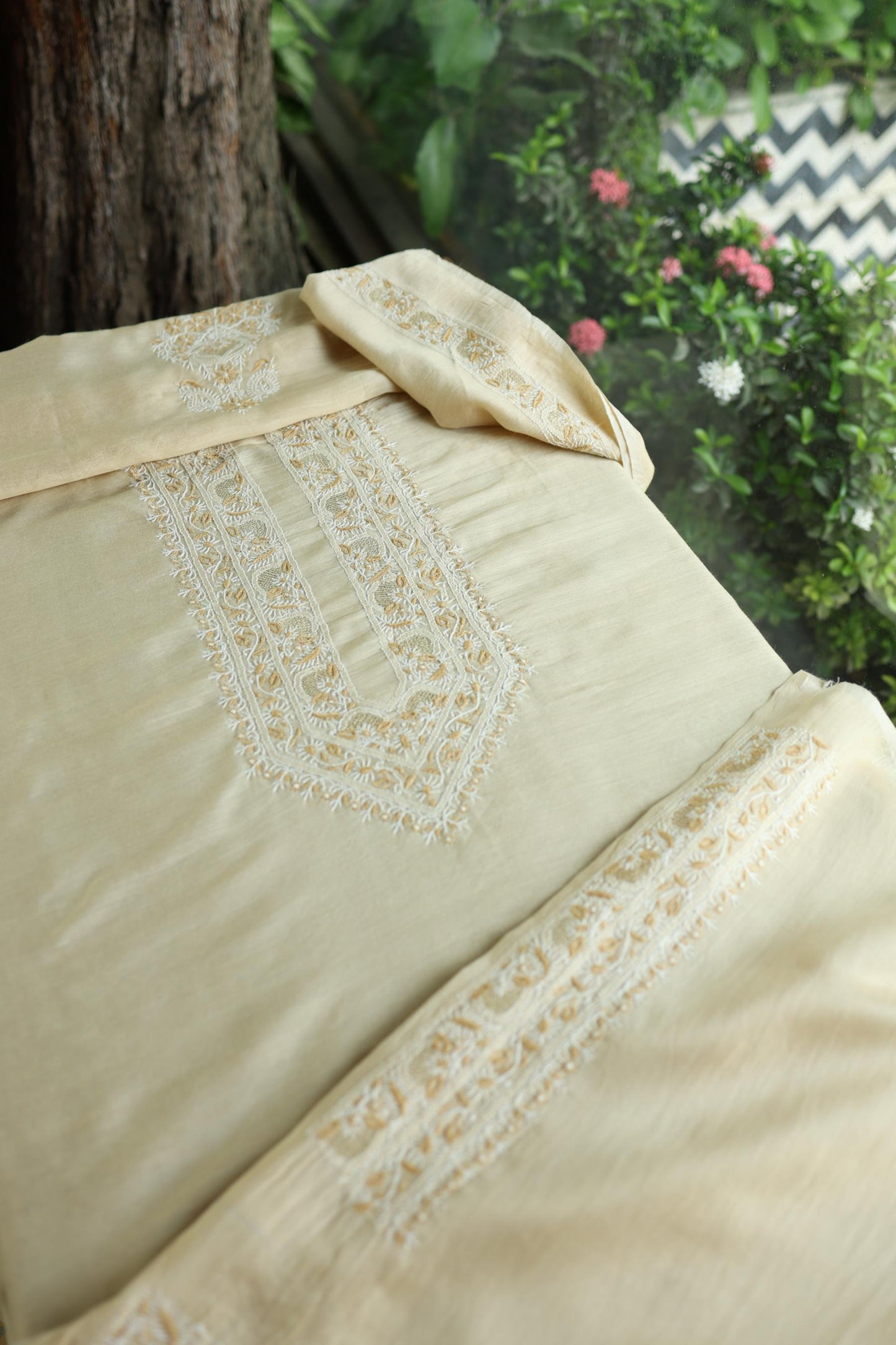 Natural Beige Moonga Silk Chikankari Men’s Kurta Fabric