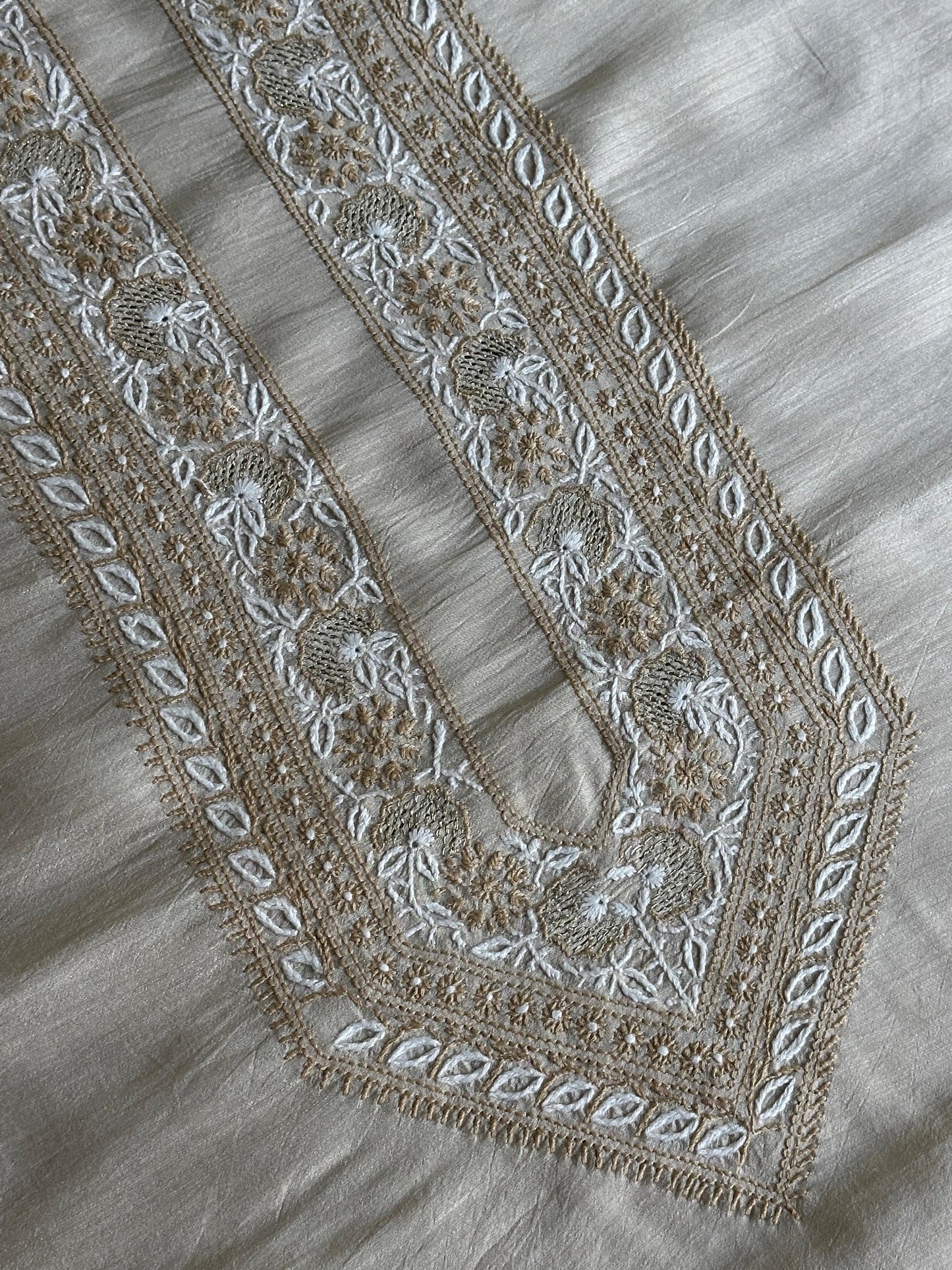 Natural Beige Moonga Silk Chikankari Men’s Kurta Fabric
