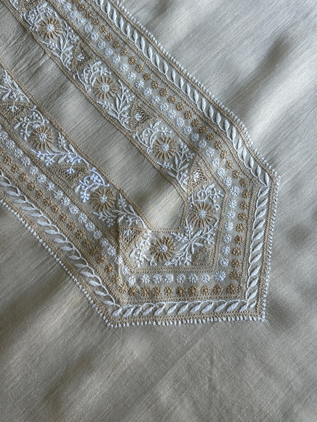 Natural Beige Moonga Silk Chikankari Men’s Kurta Fabric