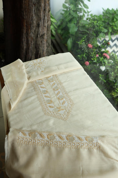 Natural Beige Moonga Silk Chikankari Men’s Kurta Fabric